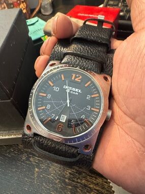 Diesel Black Dial Watch with Orange Accents and Black Leather Strap